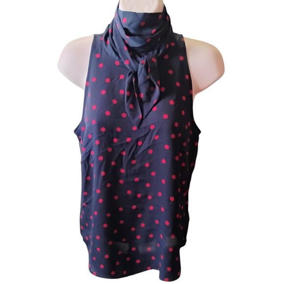 Tommy Hilfiger Navy Red Polka Dot Tie Neck Sleeveless Blouse XS Scarf NWT $69 - Picture 2 of 16